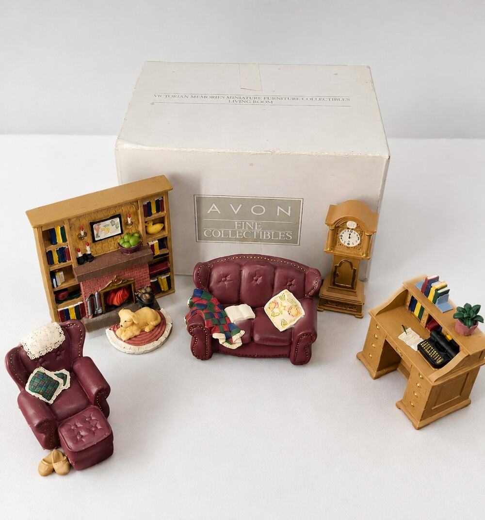 Avon Victorian Memories 1:12 Miniature Living Room Set Lot 5 Sofa Clock Desk